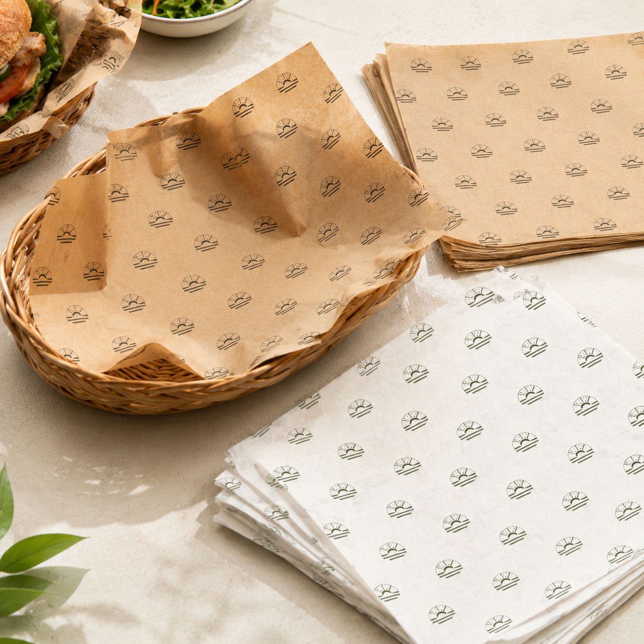Basket and tray liners, custom-printed greaseproof paper with sunburst logo stamp