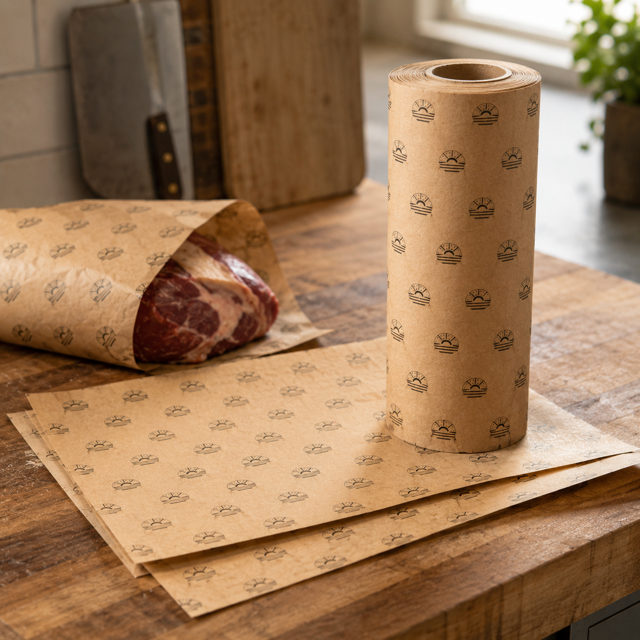 Butcher paper sheets, custom-printed greaseproof paper with sunburst logo stamp