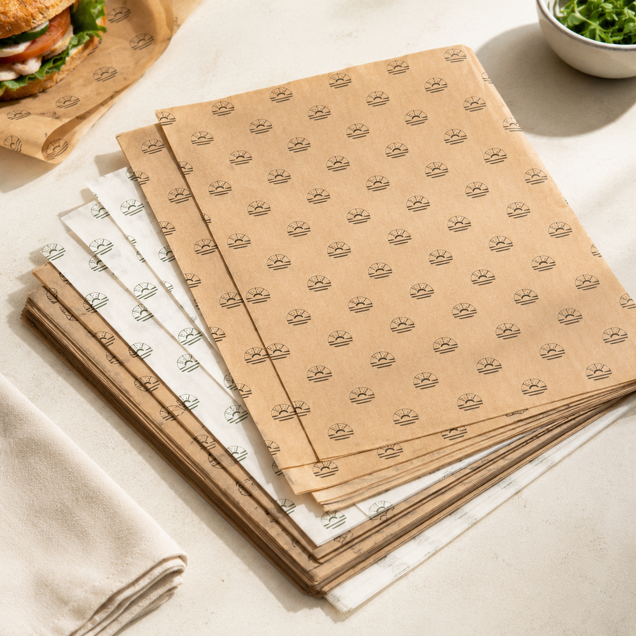 Deli and sandwich wrap greaseproof paper sheets stamped with a sunburst logo mark