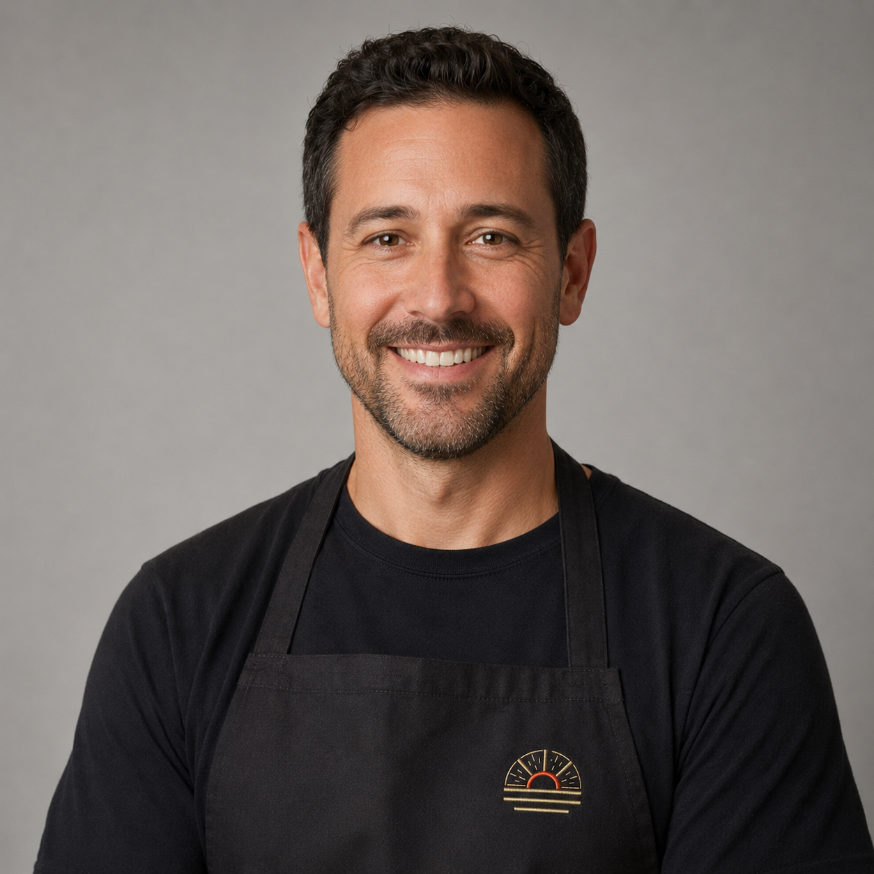 Mark Tecson, Director of Marketing, professional headshot wearing an apron with the sunburst logo