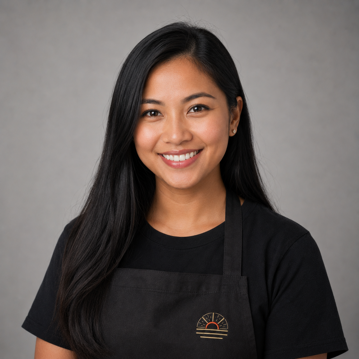 Nikki Genio, Social Media, professional headshot wearing an apron with the sunburst logo