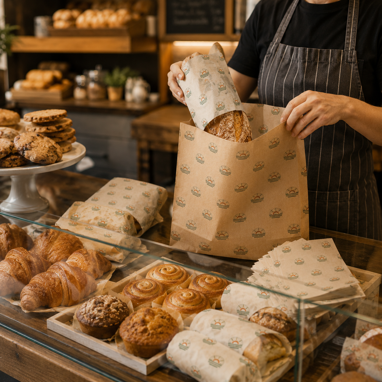 Baker placing a wrapped loaf stamped with a sunburst logo into a kraft bag at a bakery counter with pastries