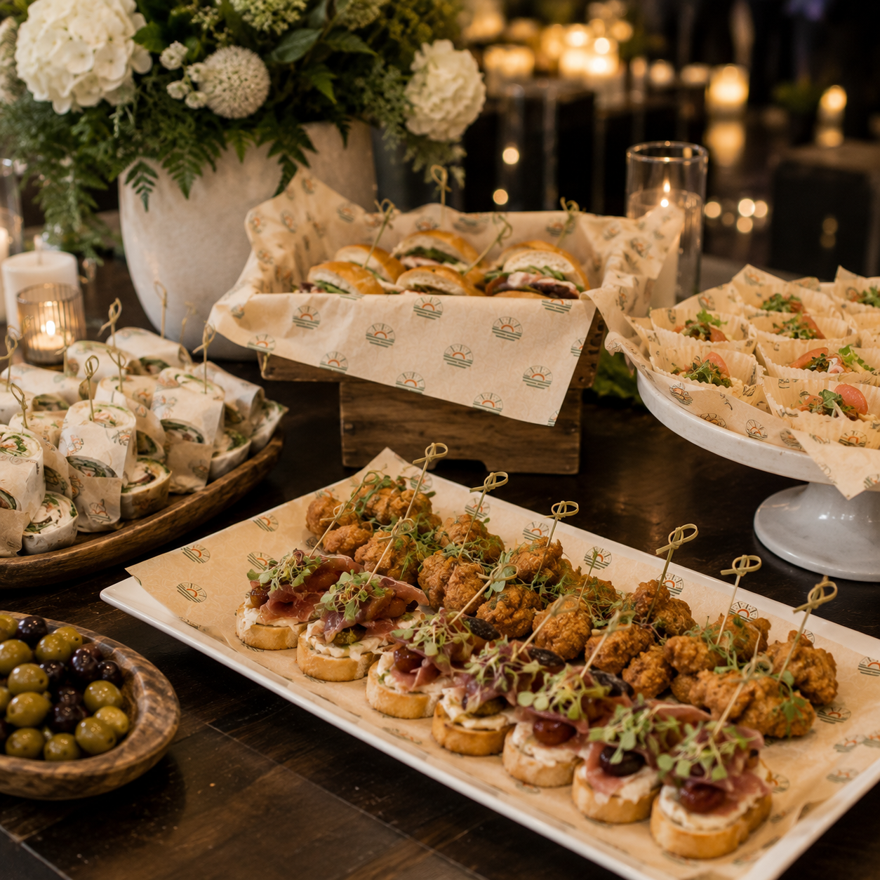 Elegant buffet spread of sandwiches and appetizers on paper liners stamped with a sunburst logo, with candles and florals