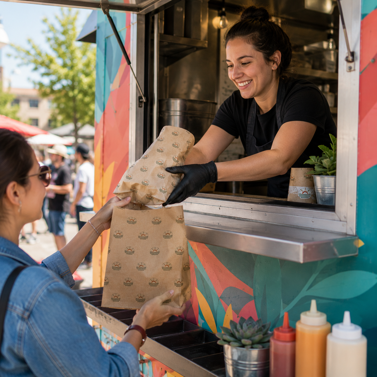 Colorful food truck serving window with staff handing a kraft bag stamped with a sunburst logo to a customer