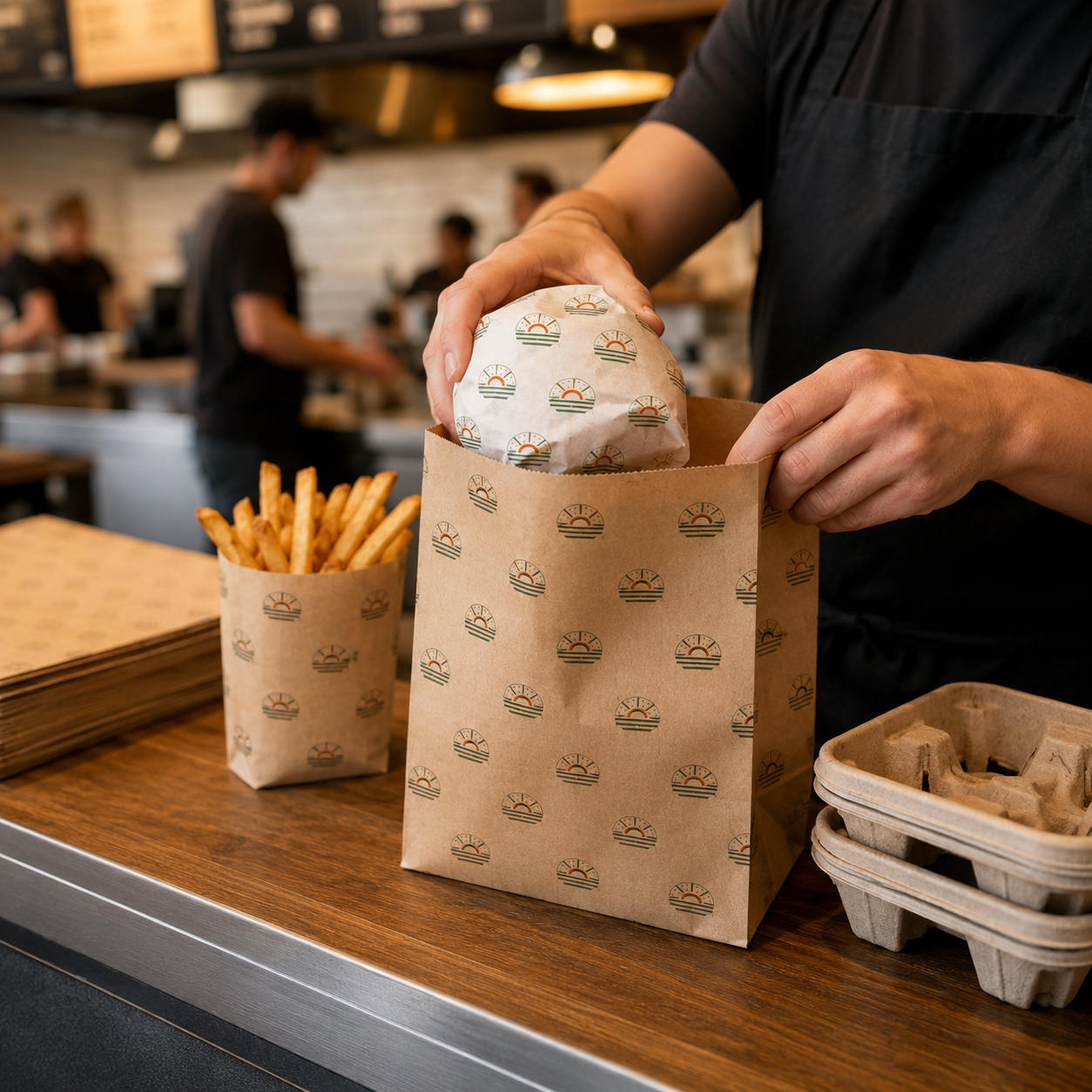 Staff hand placing a wrapped burger into a kraft paper bag next to a fry sleeve, both stamped with a sunburst logo