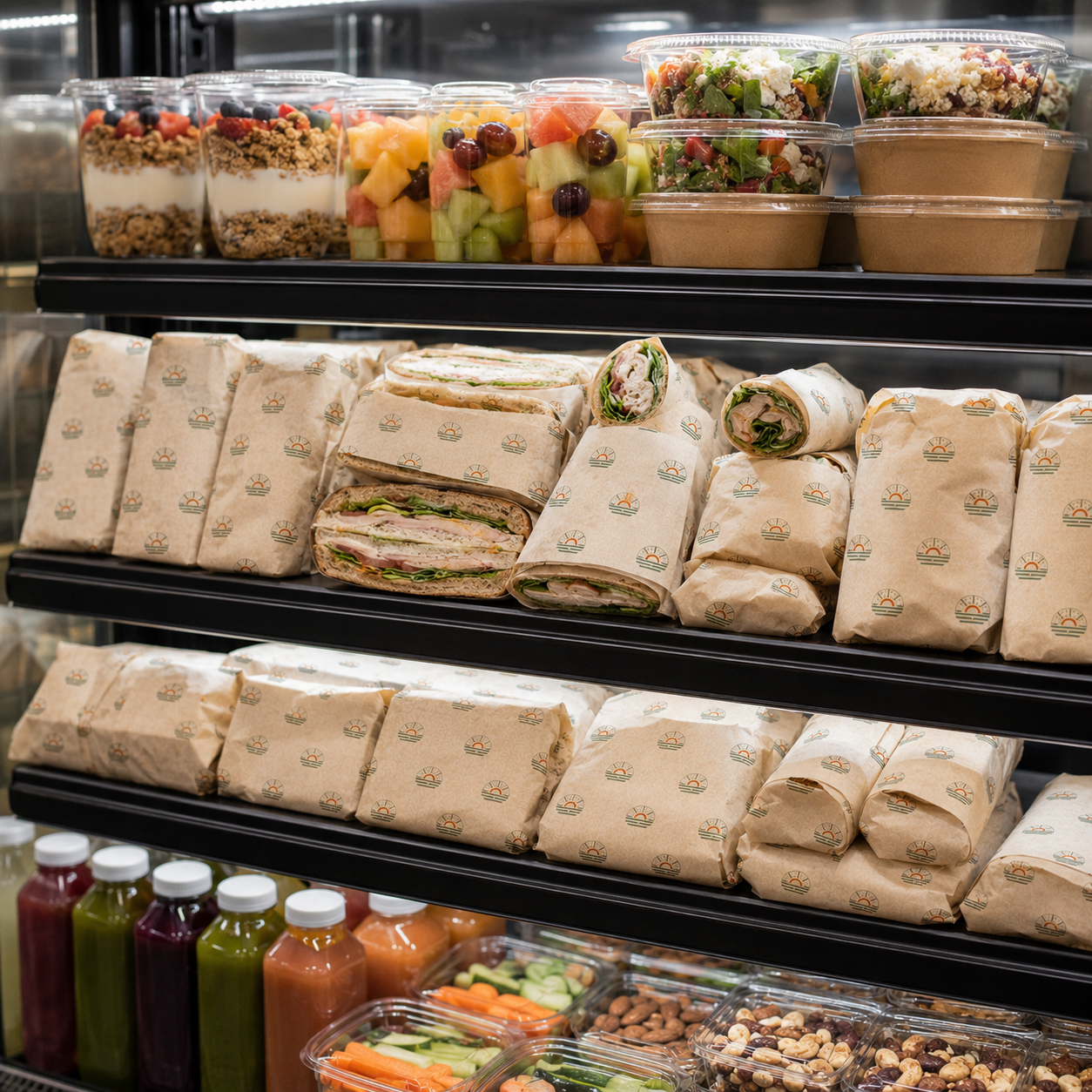 Convenience store cooler shelves stacked with wrapped sandwiches stamped with a sunburst logo, juice bottles below