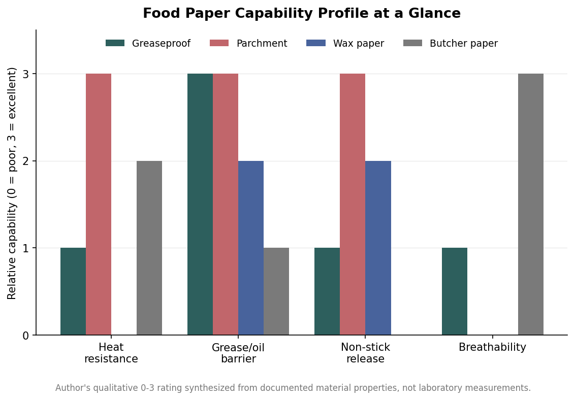 Grouped bar chart rating four food papers on heat resistance, grease barrier, non-stick release, and breathability
